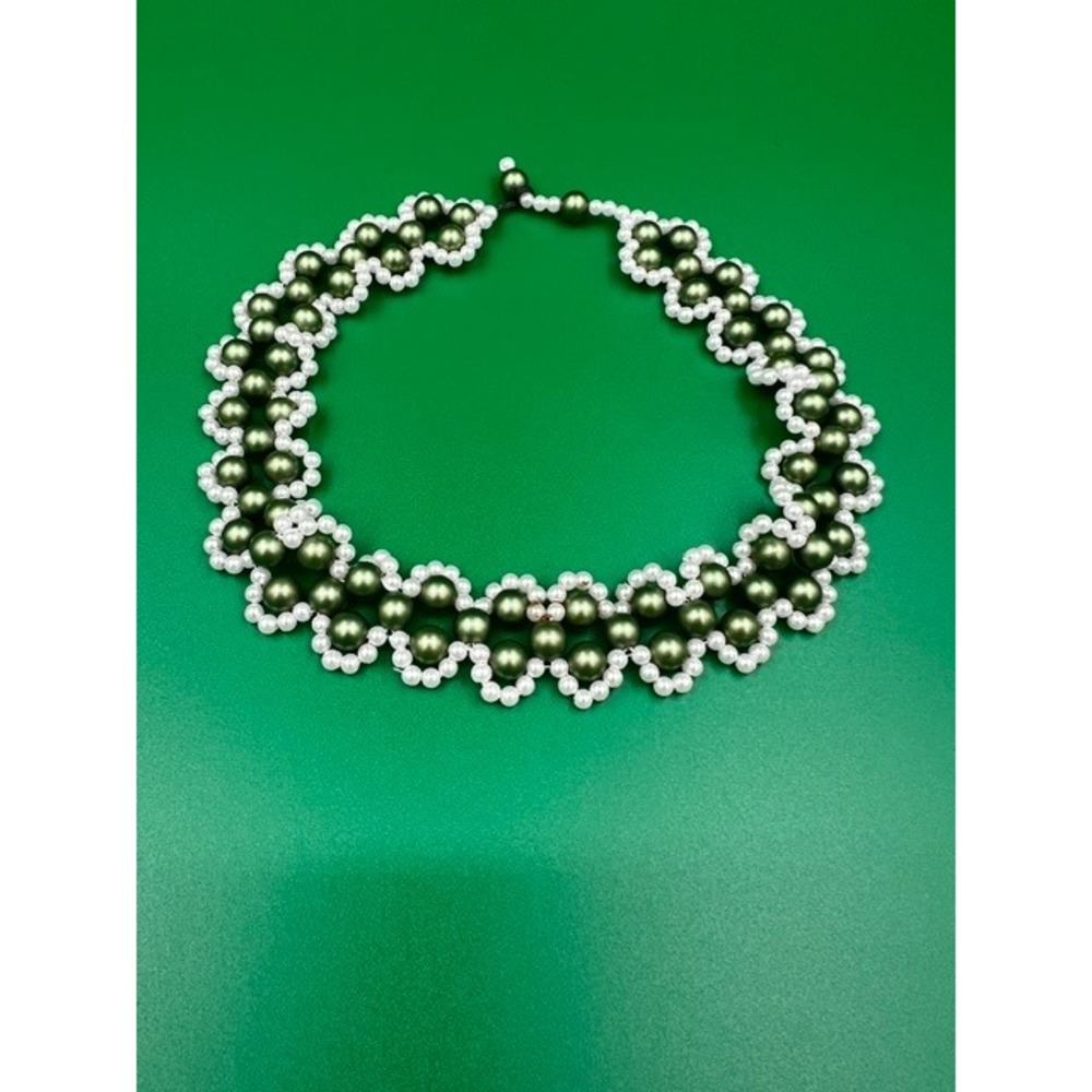 Collar Necklace Women OS Emerald Green Faux Pearl Scalloped Beaded Vintage